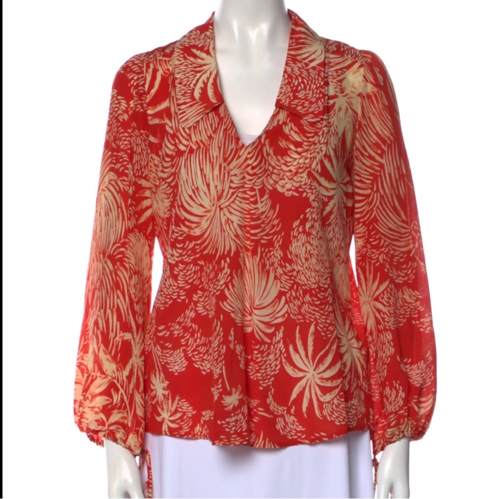 RIXO London V-Neck Blouse - Orange Palm Print Size S